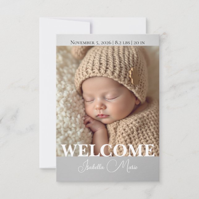  Modern Grey and White Photo Birth Announcement Dankeskarte (Vorderseite)
