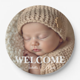 Modern Grey and White Photo Birth Announcement Pappteller