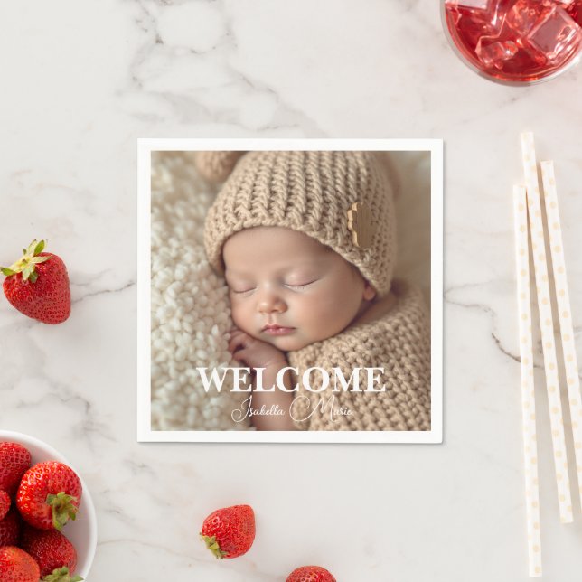  Modern Grey and White Photo Birth Announcement Serviette (Beispiel)