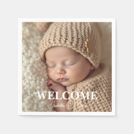 Modern Grey and White Photo Birth Announcement Serviette