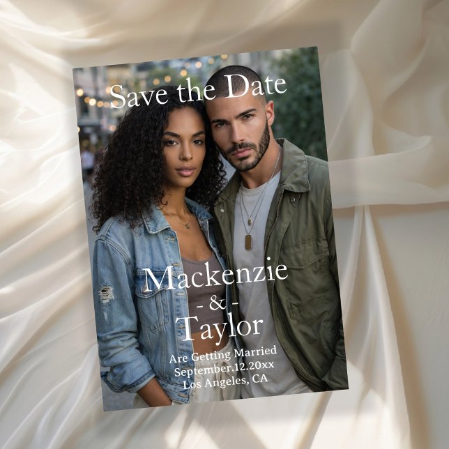 Modern Grey and White Photo Save the Date Einladung (Modern Grey and White Photo Save the Date Invitation by Ricaso - striped grey and white back)