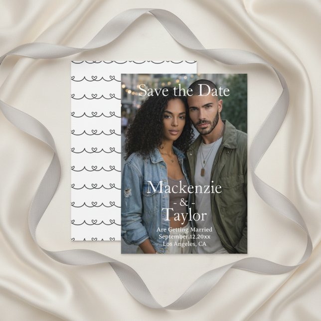 Modern Grey and White Photo Save the Date Einladung (Modern Grey and White Photo Save the Date Invitation by Ricaso. Chic and simple love heart detail)