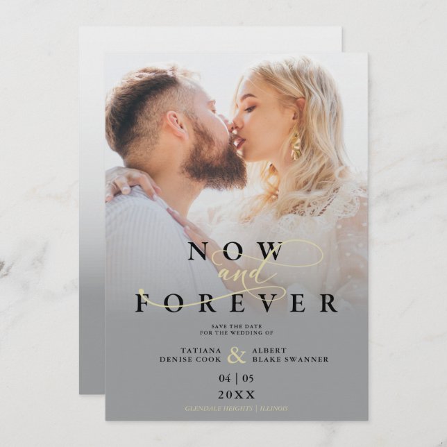 Modern Grey Gradient Elegant Photo Script Wedding Save The Date (Vorne/Hinten)