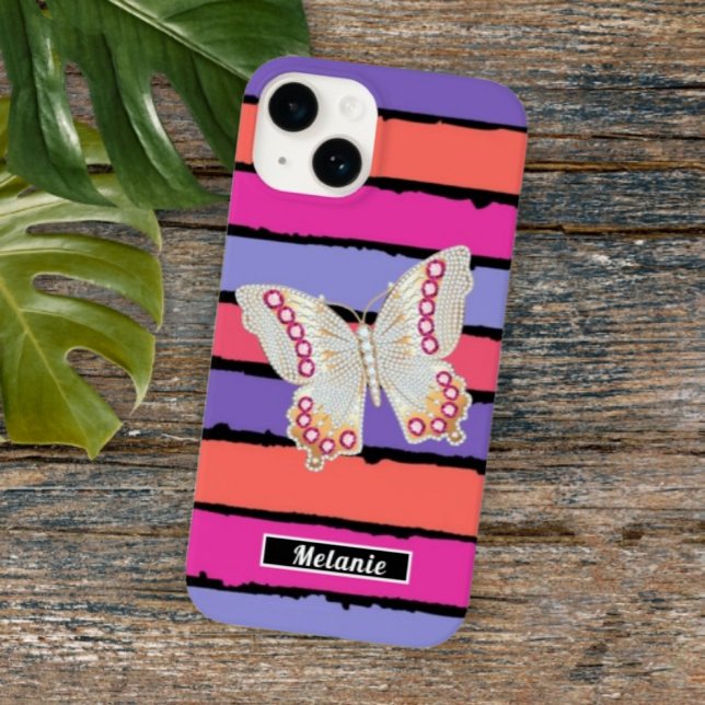Modern groovy stripes monogrammed butterfly retro  Case-Mate iPhone hülle (Von Creator hochgeladen)