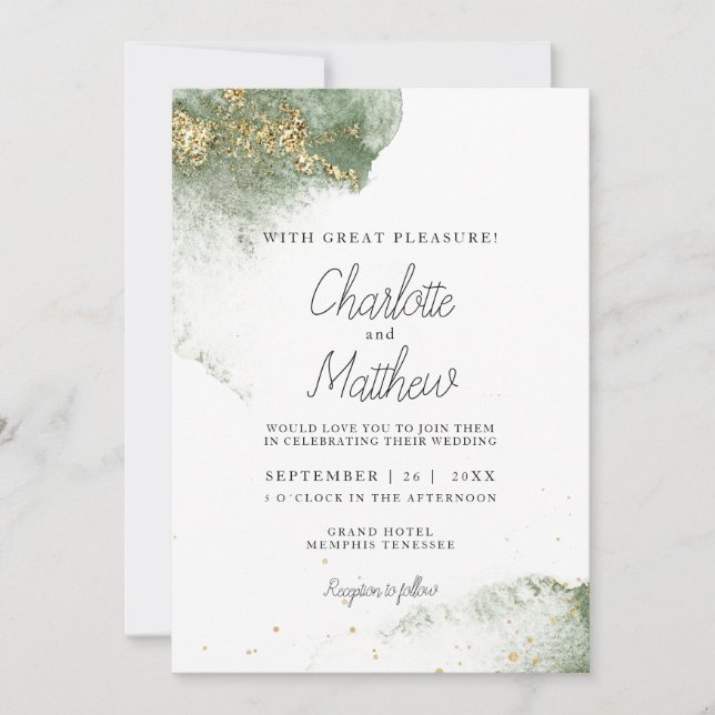 Modern Grün Gold ( Imitat) Watercolour Kleckse Einladung (Vorderseite)