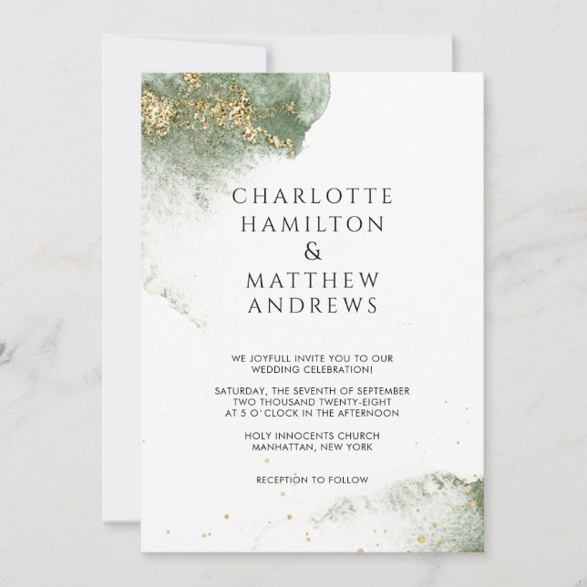 Modern Grün Gold ( Imitat) Watercolour Kleckse Einladung (Vorderseite)