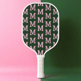 Modern Grün und Rosa Initialen Monogramm Muster Pickleball Schläger