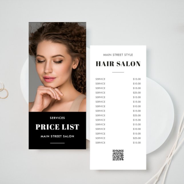Modern Hair Salon Photo QR Code Price List Werbekarte (Von Creator hochgeladen)