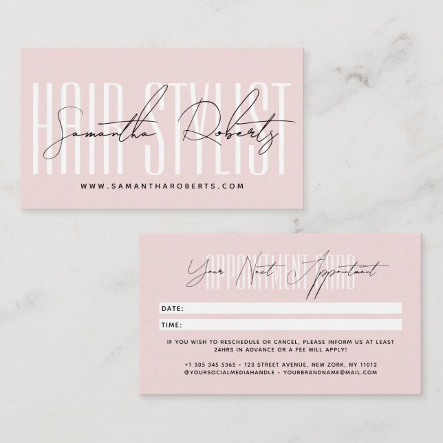 Modern hair stylist script typography blush pink terminkarte (Vorne/Hinten)