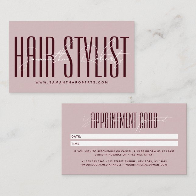 Modern hair stylist script typography pink red terminkarte (Vorne/Hinten)