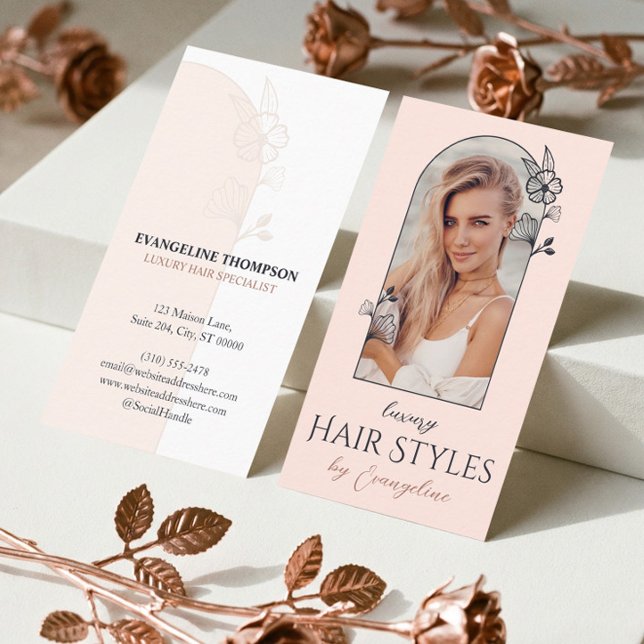 Modern Hair Stylist Studio Floral Rose Arch Photo Visitenkarte (Modern Hair Stylist Studio Floral Rose Arch Photo Business Card)