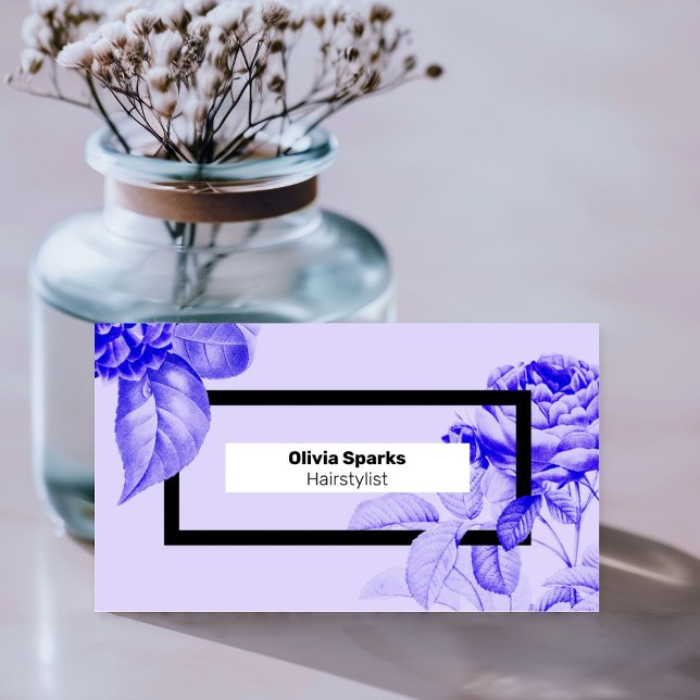 Modern Hairdresser Elegant Floral Hair Stylist Visitenkarte (An elegant modern hair stylist business card in lavender purple and vivid blue, with vintage florals)
