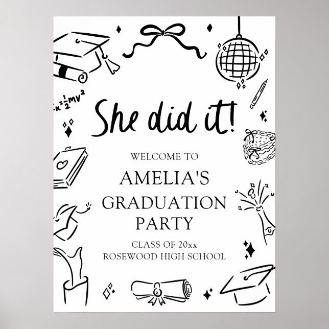 Modern Hand Drawn Bow Graduation Party Welcome Poster (Vorne)