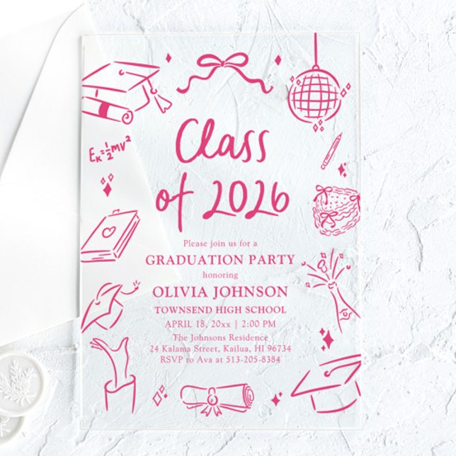 Modern Hand Drawn Class of 2026 Graduation Party Acryleinladungen (Modern Hand Drawn Class of 2026 Graduation Party Acrylic Invitations)