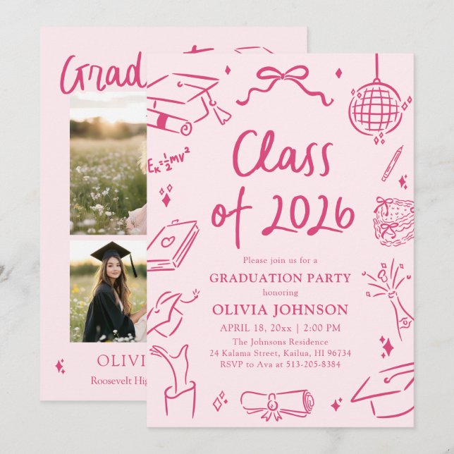 Modern Hand Drawn Class of 2026 Graduation Party Einladung (Vorne/Hinten)
