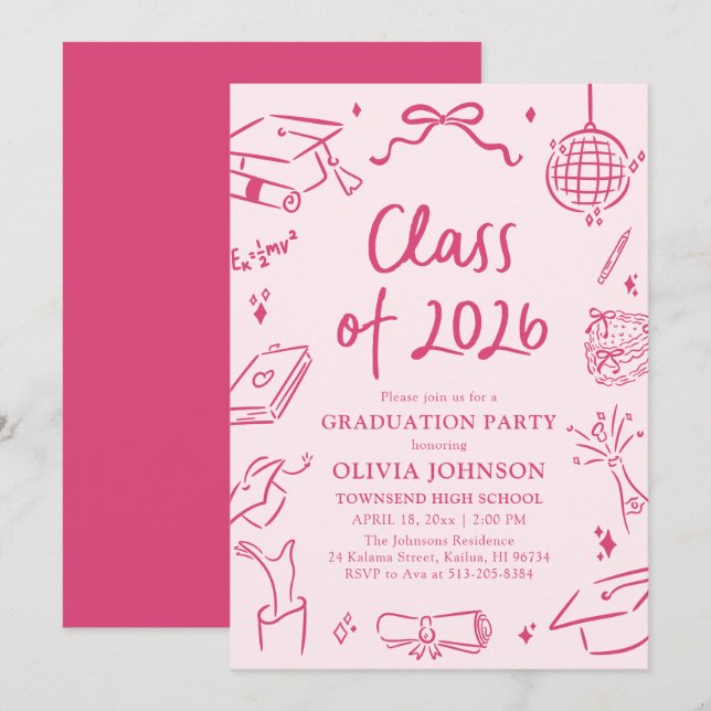 Modern Hand Drawn Class of 2026 Graduation Party Einladung (Vorne/Hinten)