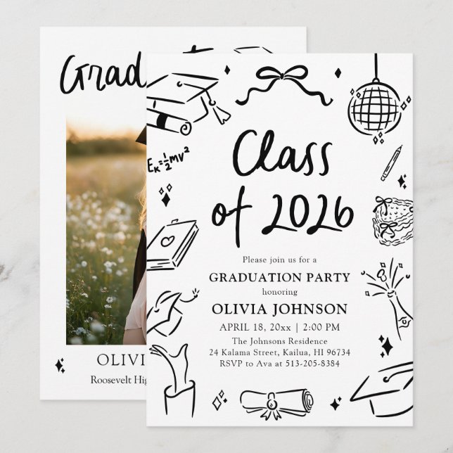 Modern Hand Drawn Class of 2026 Graduation Party Einladung (Vorne/Hinten)