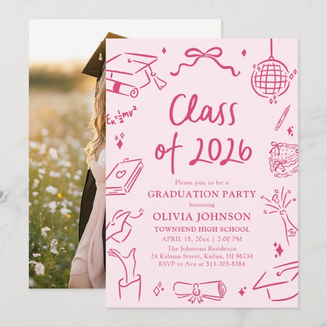 Modern Hand Drawn Class of 2026 Graduation Party Einladung (Vorne/Hinten)