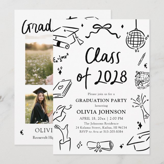 Modern Hand Drawn Class of 2028 Graduation Party Einladung (Vorne/Hinten)