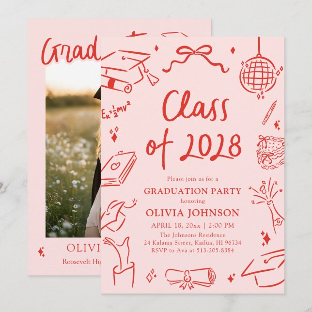 Modern Hand Drawn Class of 2028 Graduation Party Einladung (Vorne/Hinten)