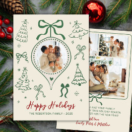 Modern Hand-Drawn Green Bows Photo Christmas Happy Feiertagskarte