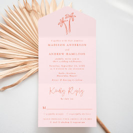 Modern Hand-Drawn Palm Trees Pink Wedding All In One Einladung