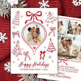 Modern Hand-Drawn Red Bows Photo Christmas Happy Feiertagskarte