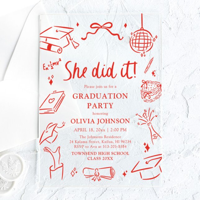 Modern Hand Drawn She did it Graduation Party Acryleinladungen (Modern Hand Drawn She did it Graduation Party Acrylic Invitations)
