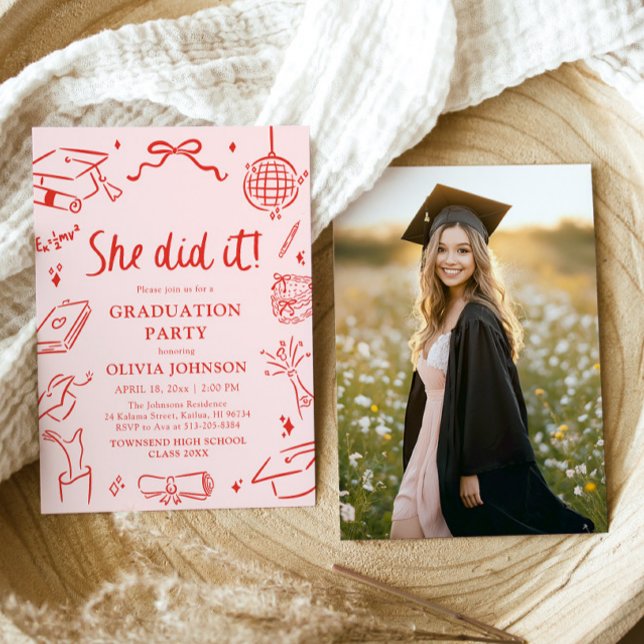 Modern Hand Drawn She did it Graduation Party Einladung (Modern Hand Drawn She did it Graduation Party Invitation)