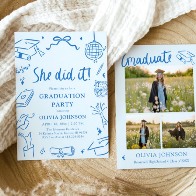 Modern Hand Drawn She did it Graduation Party Einladung (Modern Hand Drawn She did it Graduation Party Invitation)
