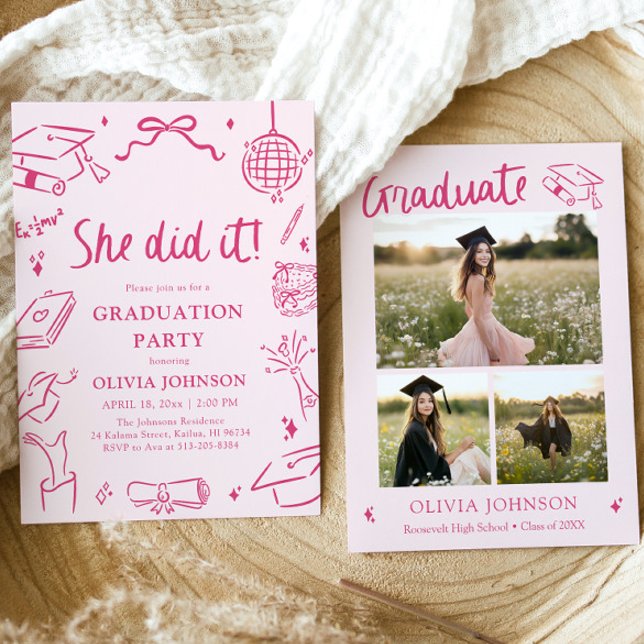 Modern Hand Drawn She did it Pink Graduation Party Einladung (Modern Hand Drawn She did it Pink Graduation Party Invitation)