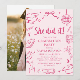 Modern Hand Drawn She did it Pink Graduation Party Einladung