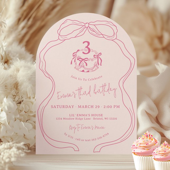 Modern handgezeichneter Bow Pink Girl Birthday Arc Einladung (Sweet girly modern hand drawn coquette pink bow cake girl 3rd birthday party arch invitation)