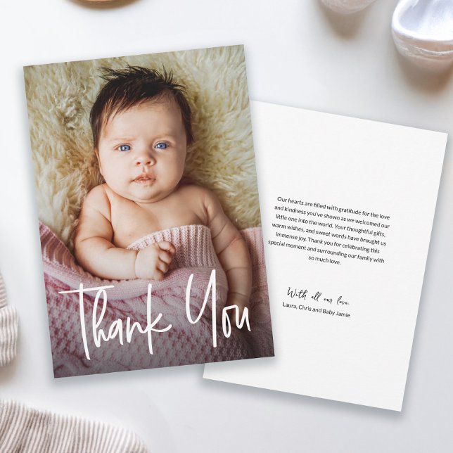 Modern Handlettering Custom Baby Girl Shower Photo Dankeskarte (Modern handlettering thank you script baby girl thank you card)
