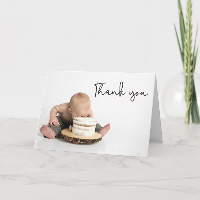 Modern handlettering Photo Baby Boy First Birthday Dankeskarte (Vorderseite)