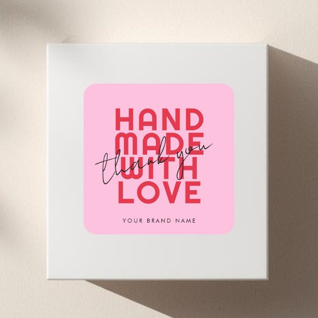 Modern handmade with love thank you quadratischer aufkleber (Von Creator hochgeladen)