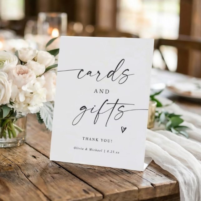 Modern Handwriting Cards & Gifts Wedding Sockelschild (Modern cards and gifts sign in elegant handwriting with heart - black and white.)