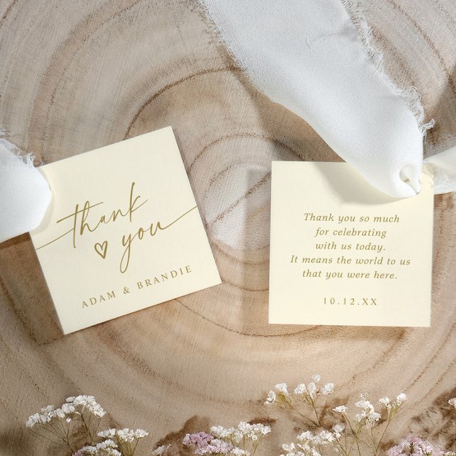 Modern Handwriting Cream Gold Thank You Wedding Geschenkanhänger (Elegant handwriting wedding favor tags in cream and gold with small heart and message on back.)