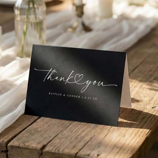 Modern Handwriting Heart Black and White Wedding Dankeskarte (Folded black and white wedding thank you card with handwritten script and heart)