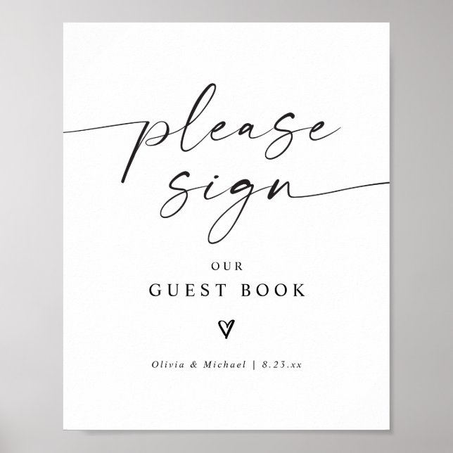 Modern Handwriting Heart Wedding Guest Book Sign Poster (Vorne)