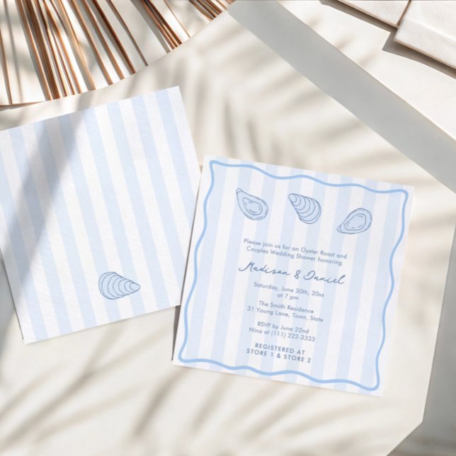 Modern Handwritten Oyster Roast Coed Bridal Shower Einladung (Trendy hand-drawn oyster roast couples wedding shower invitation with modern stripes and wavy border)