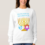 Modern HANUKKAH Menorah Dreidel Sweatshirt<br><div class="desc">Modernes HANUKKAH Menorah Dreidel unisex Sweatshirt, mit CUSTOMIZABLE TEXT und entworfen mit Imitaten goldene Menorah, farbenfrohe Star of David und cyan blau dreidel plus CUSTOMIZABLE GREETING, so können Sie Ihren eigenen Gruß. Ideal für die Hanukah-Saison. Wählen Sie aus einem breiten Bereich von Hanukkah-Kleidung und Geschenken, die von Berean Designs entworfen...</div>