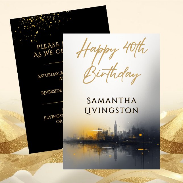 Modern Happy 40th Birthday Party Black and Gold Einladung (Modern Happy 40th Birthday Party Black and Gold Invitation)
