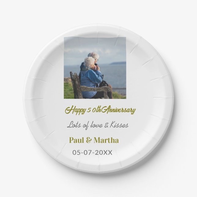 Modern happy 50th anniversary add name date photo  pappteller (Vorderseite)