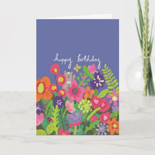 Modern Happy Birthday Floral Cat Garden Karte