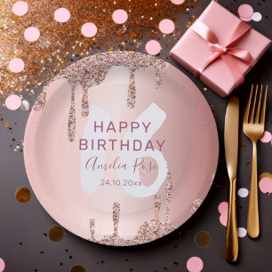 Modern Happy Birthday Rose Gold Glitzer Pappteller
