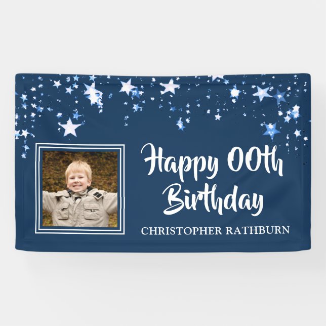 Modern HAPPY # Birthday Stars Foto Name Blau Banner (Horizontal)