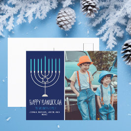 Modern Happy Hanukkah Familie Foto Blue Postkarte