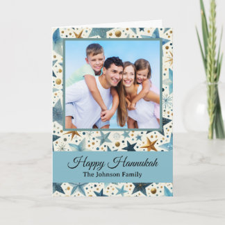 Modern Happy Hanukkah Pattern Custom Family Photo Karte
