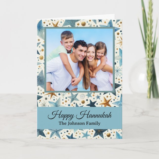 Modern Happy Hanukkah Pattern Custom Family Photo Karte (Vorderseite)